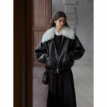 Cozy and chic detachable collar wool-filled PU jacket | 2 color