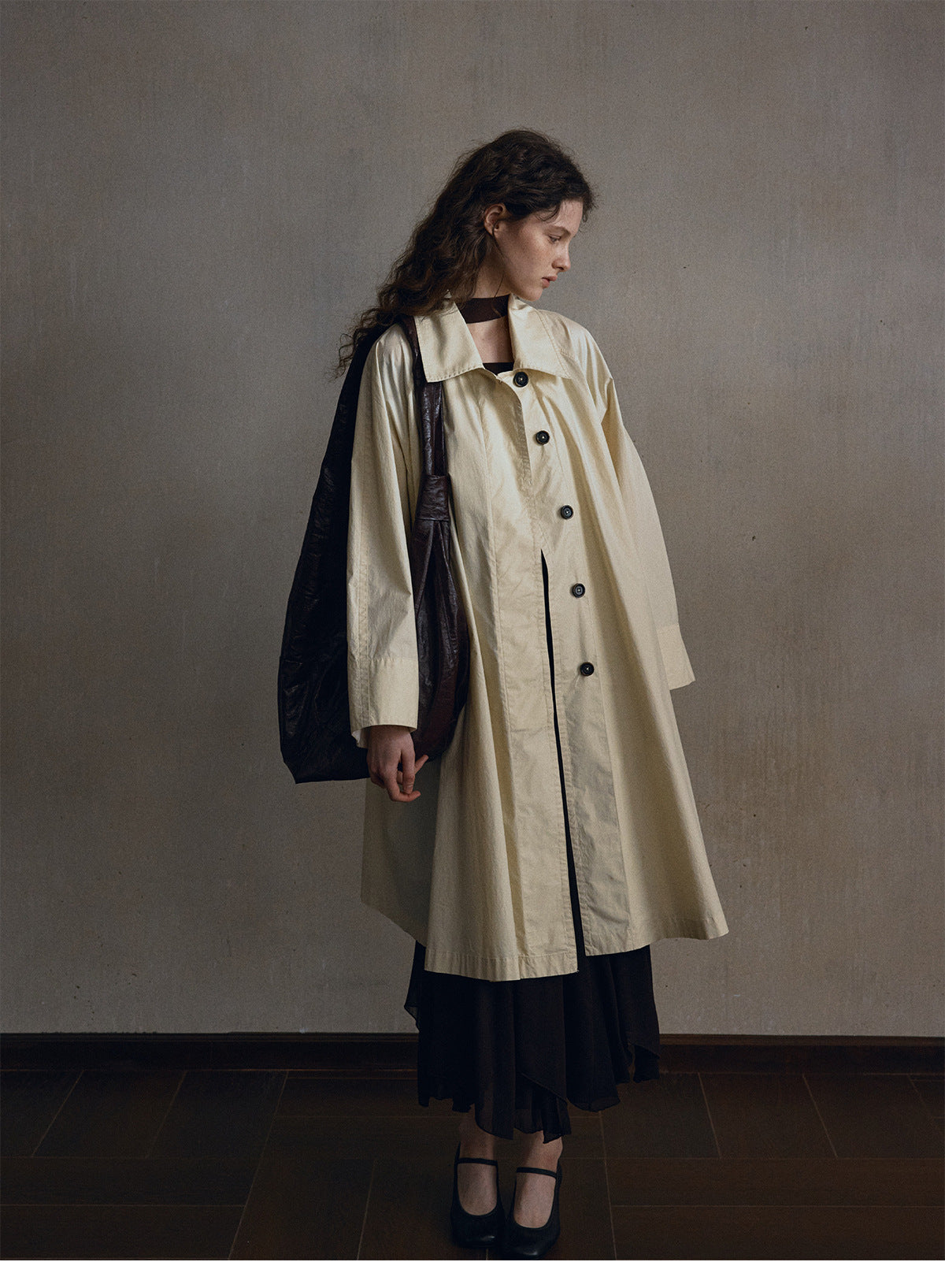 Cotton umbrella shape mid-length trench coat | 3 color