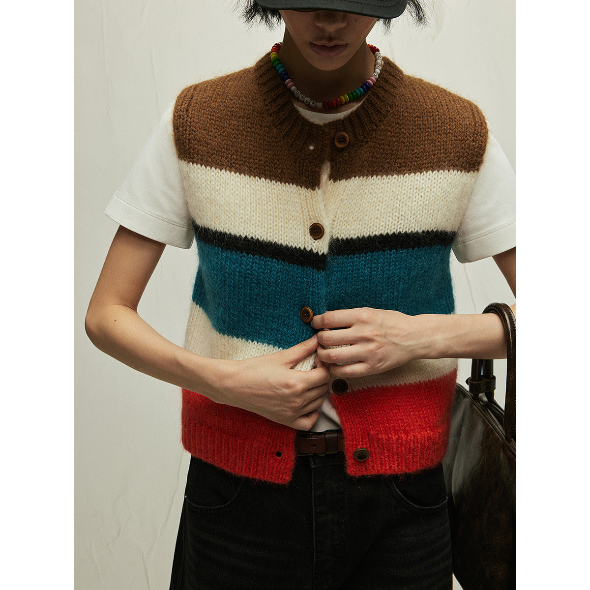 Wool blend fitted color-block striped vest | 3 color