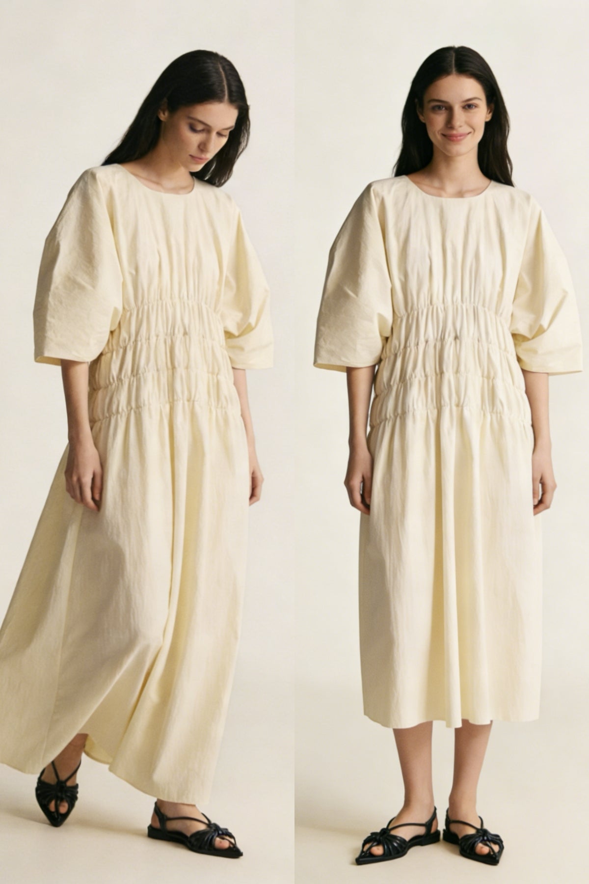 Customizable Pleated waist puff-sleeved creme dress