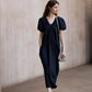 Cotton blend bubble-sleeved cocoon V-neck dress | 2 color