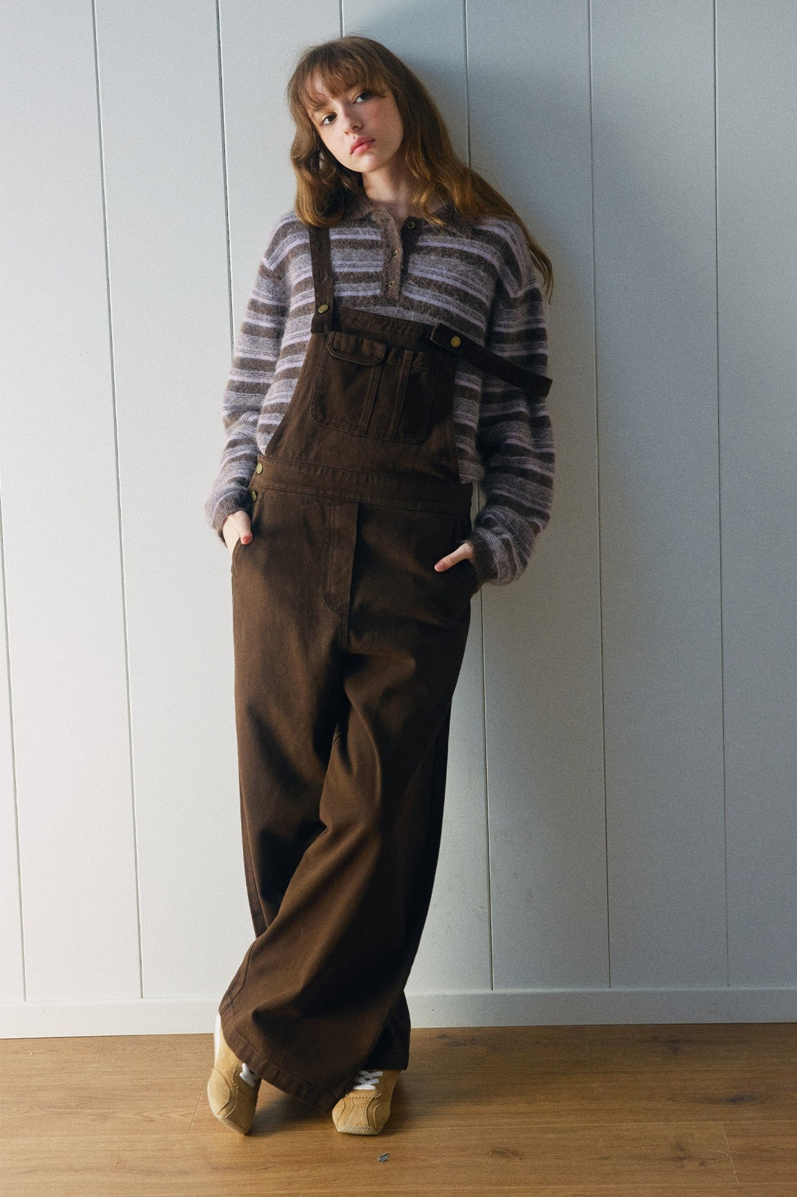 Alpaca blend striped long-hair polo sweater | 4 color