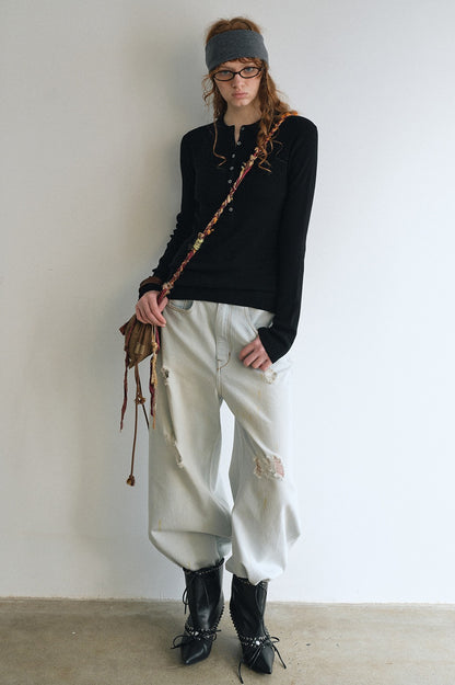 Wool blend fit henley collar knitwear | 5 color