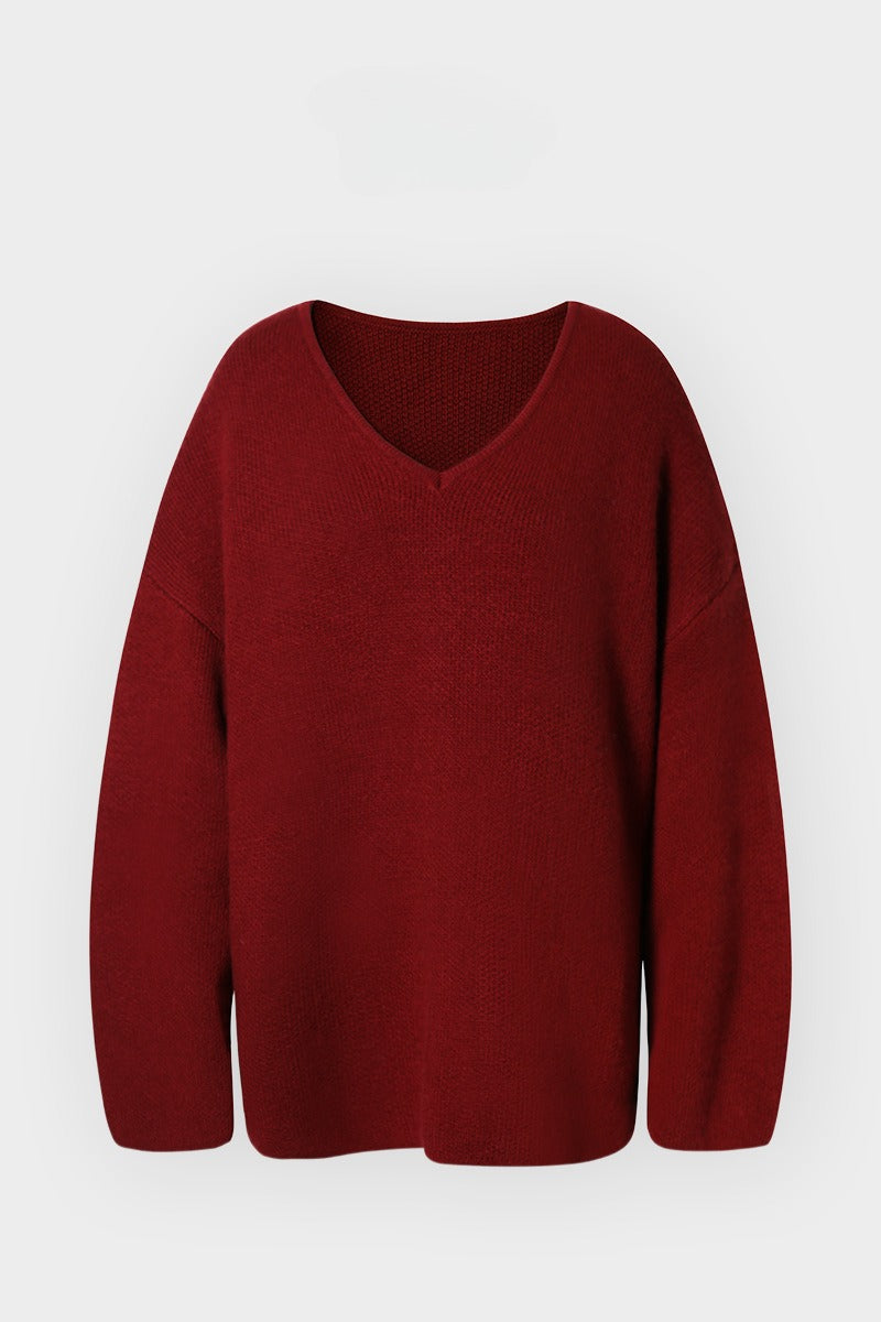 Cotton blend wool loose fit V-neck sweater | 4 color