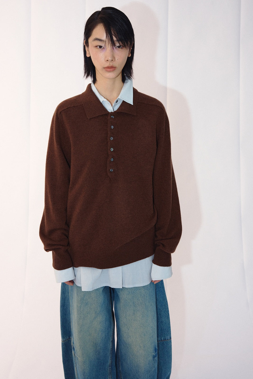 100 wool pleated placket polo sweater | 3 color