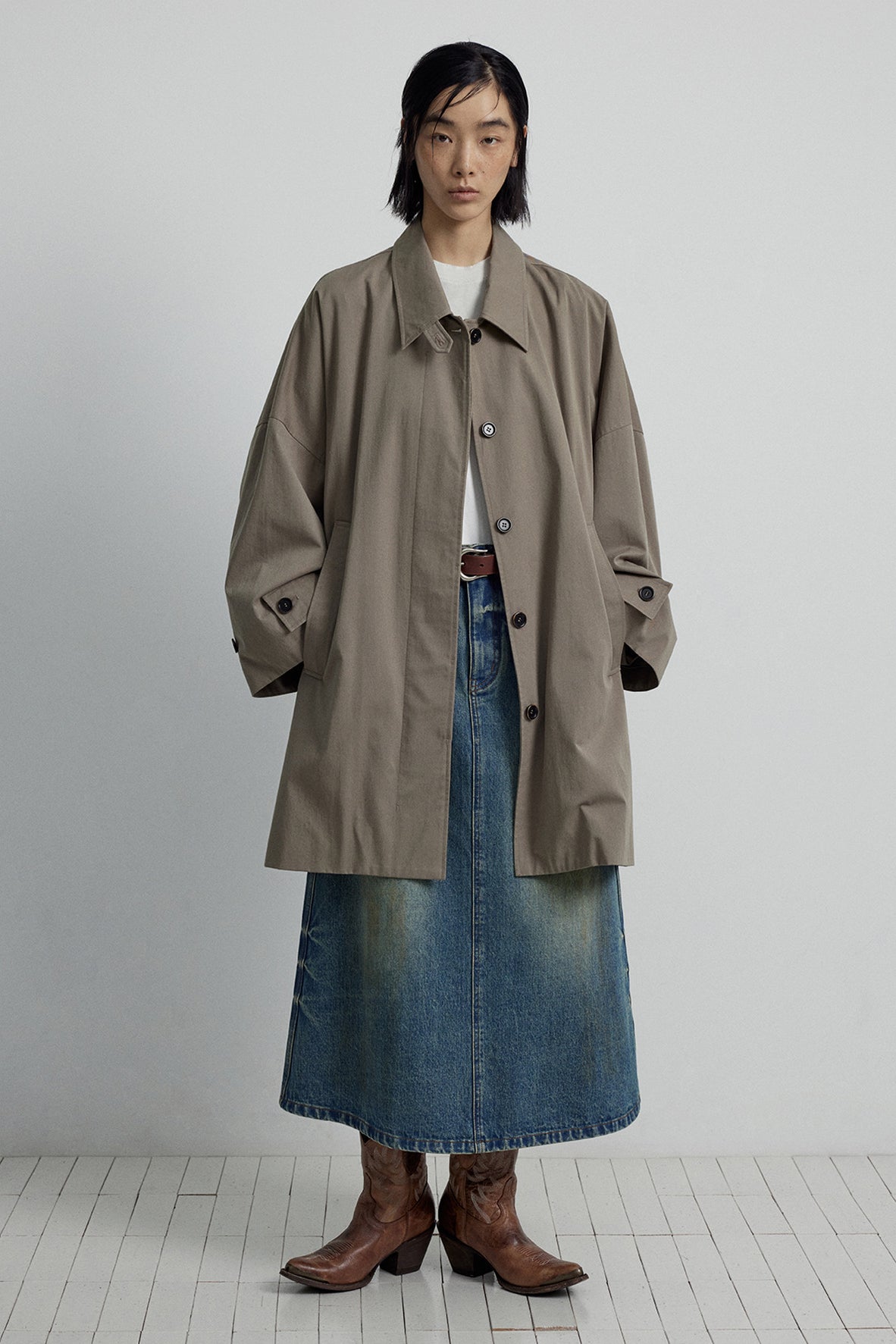 Cotton blend mid-length trench coat with a scarf | 2 color