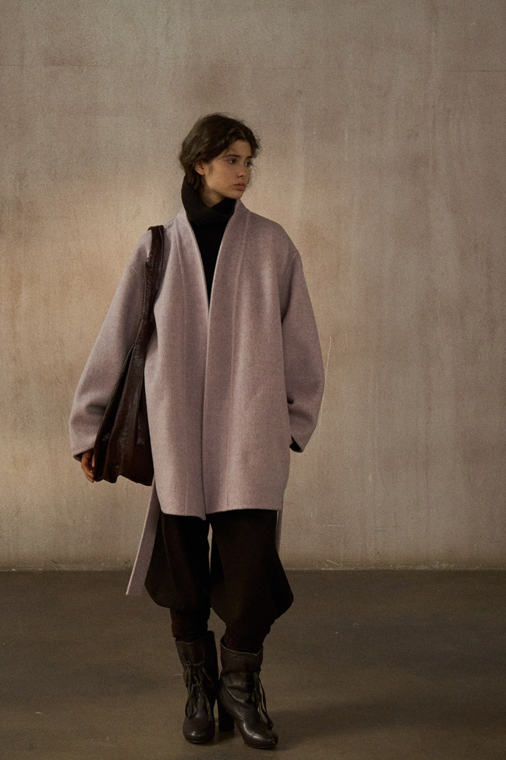 Wool-silk-angora double-faced fabric robe stule coat | 3 color