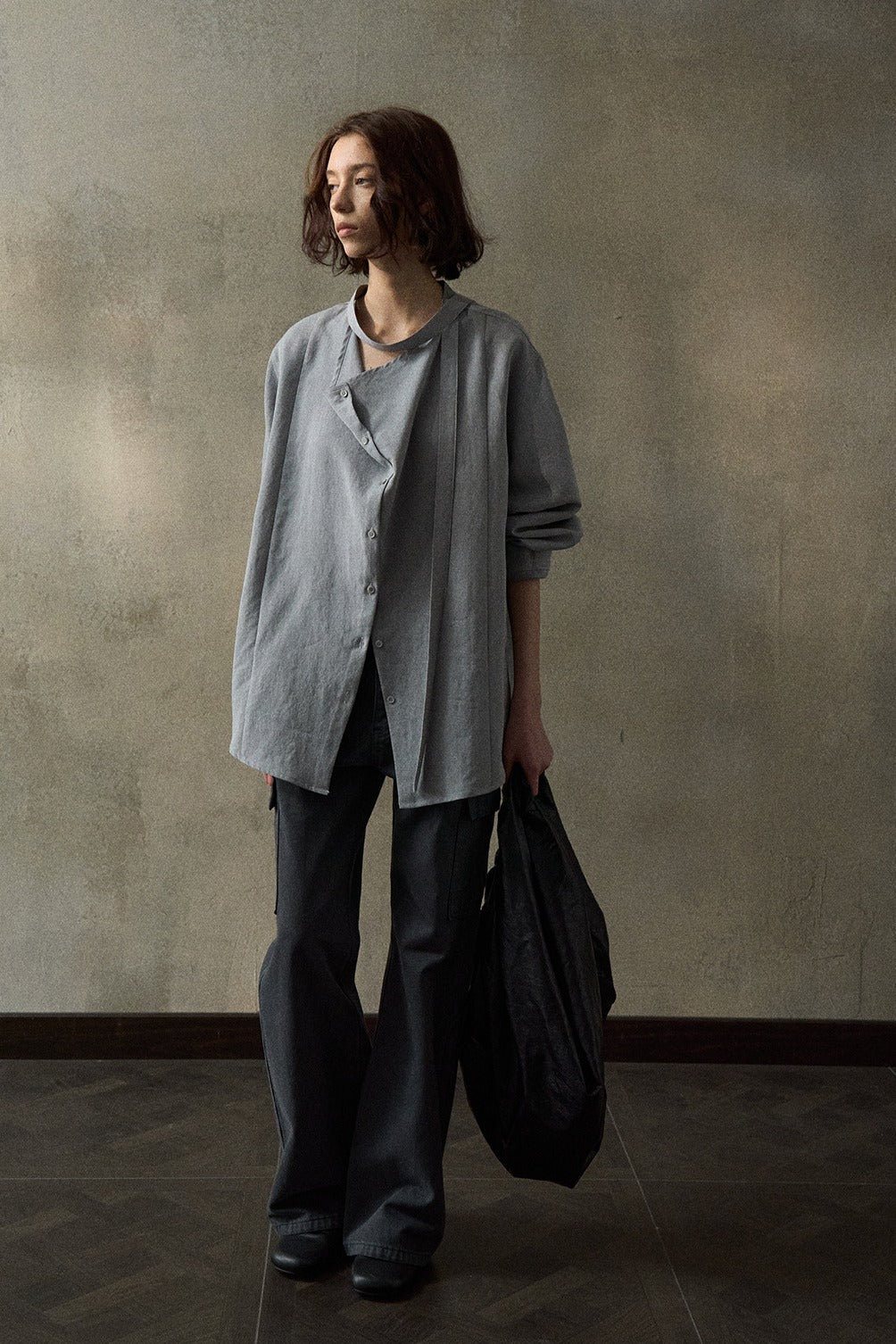 Lyocell blend neckline ribbon relaxed fit shirt | 4 color