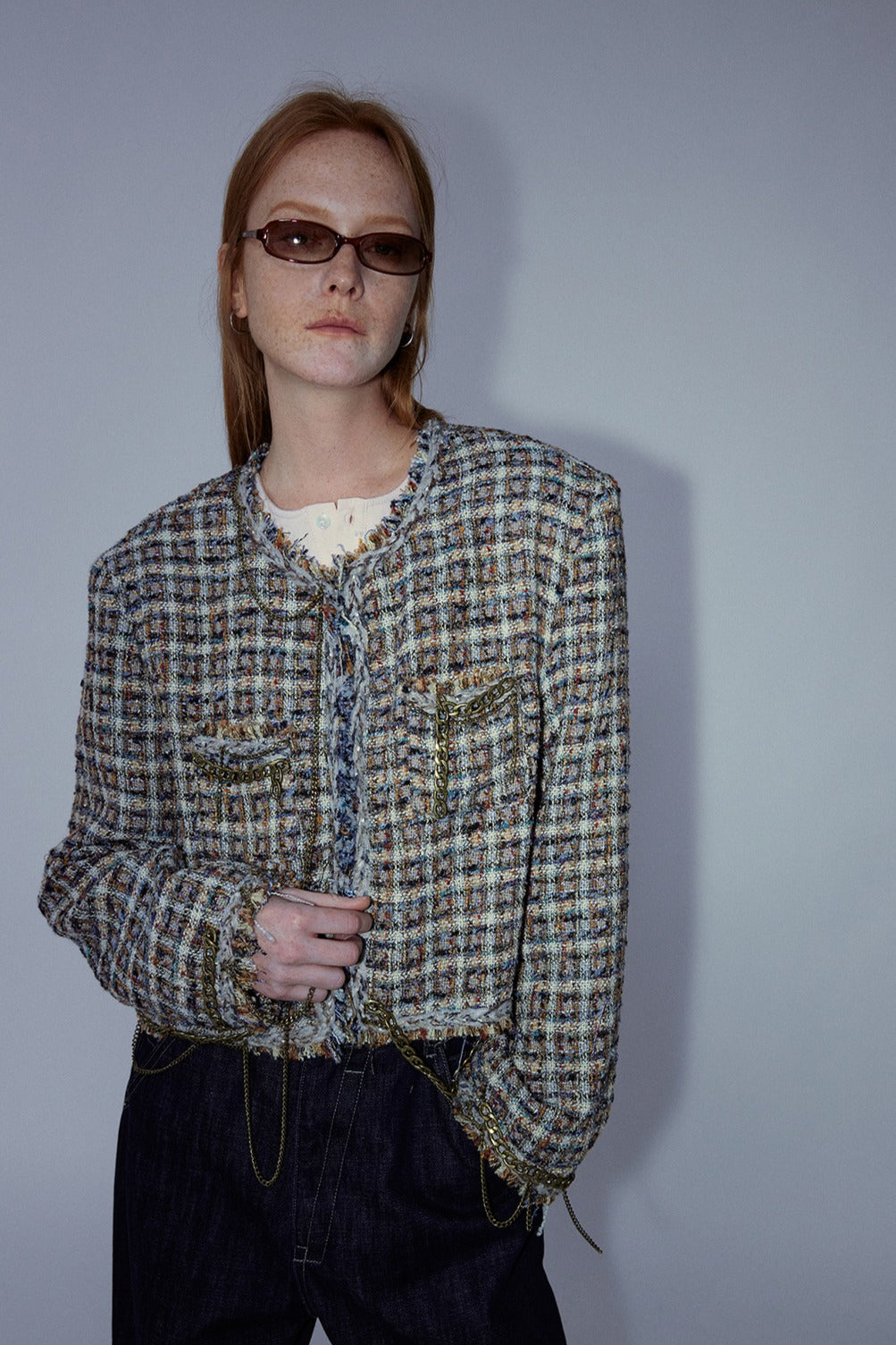 Cropped chain trim rough edge tweed jacket | 2 color