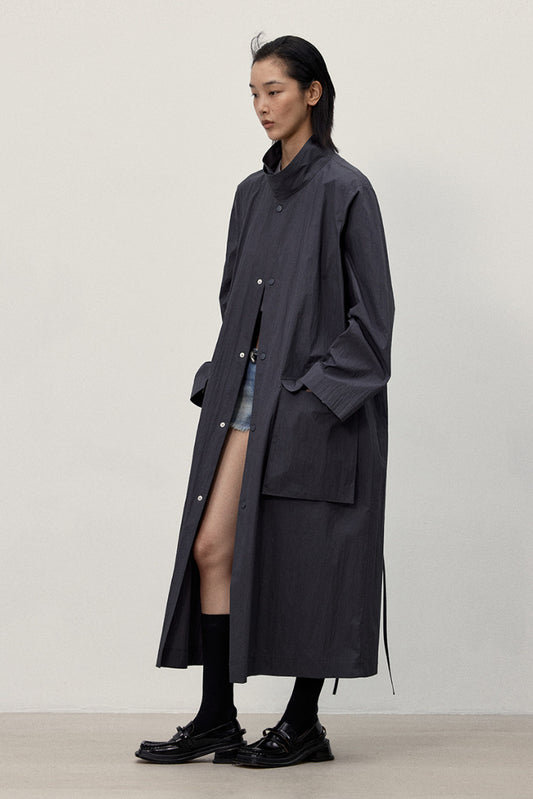 Standing collar  drawstring waistband thin trench coat | 2 color