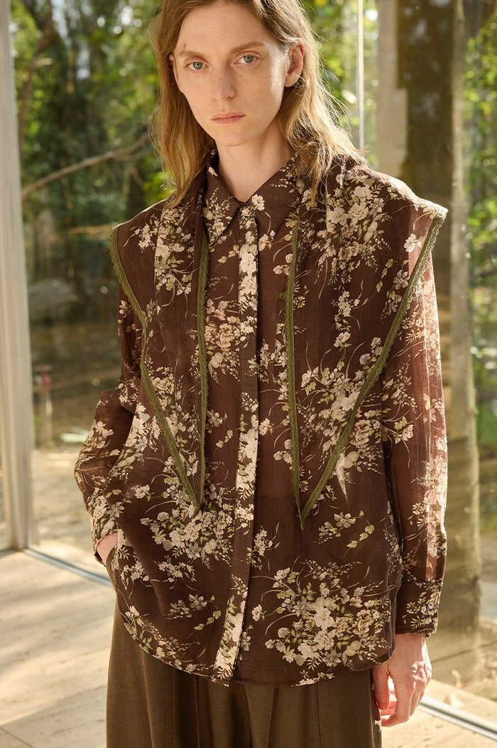 Lyocell blend vintage floral print shirt with a scarf | 2 color