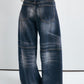 Cotton retro-style raw edge wide-leg jeans