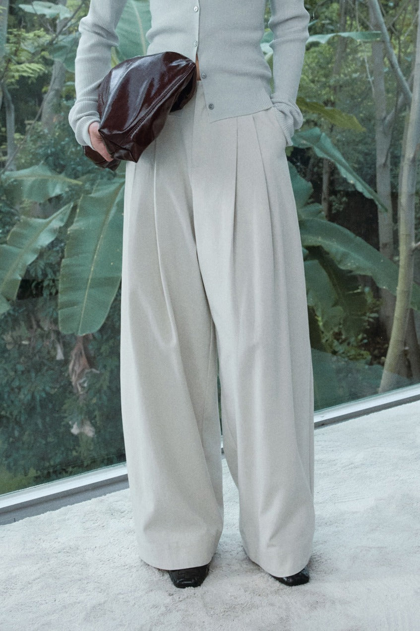Cotton blend pleated waist casual wide leg pants | 3 color