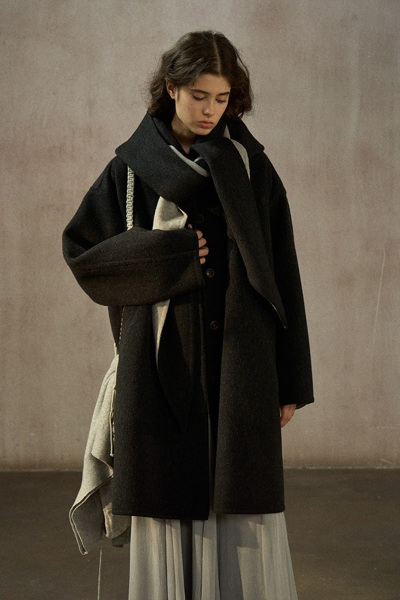 100% wool loose-fit mid-length coat with a scarf hood | 2 color
