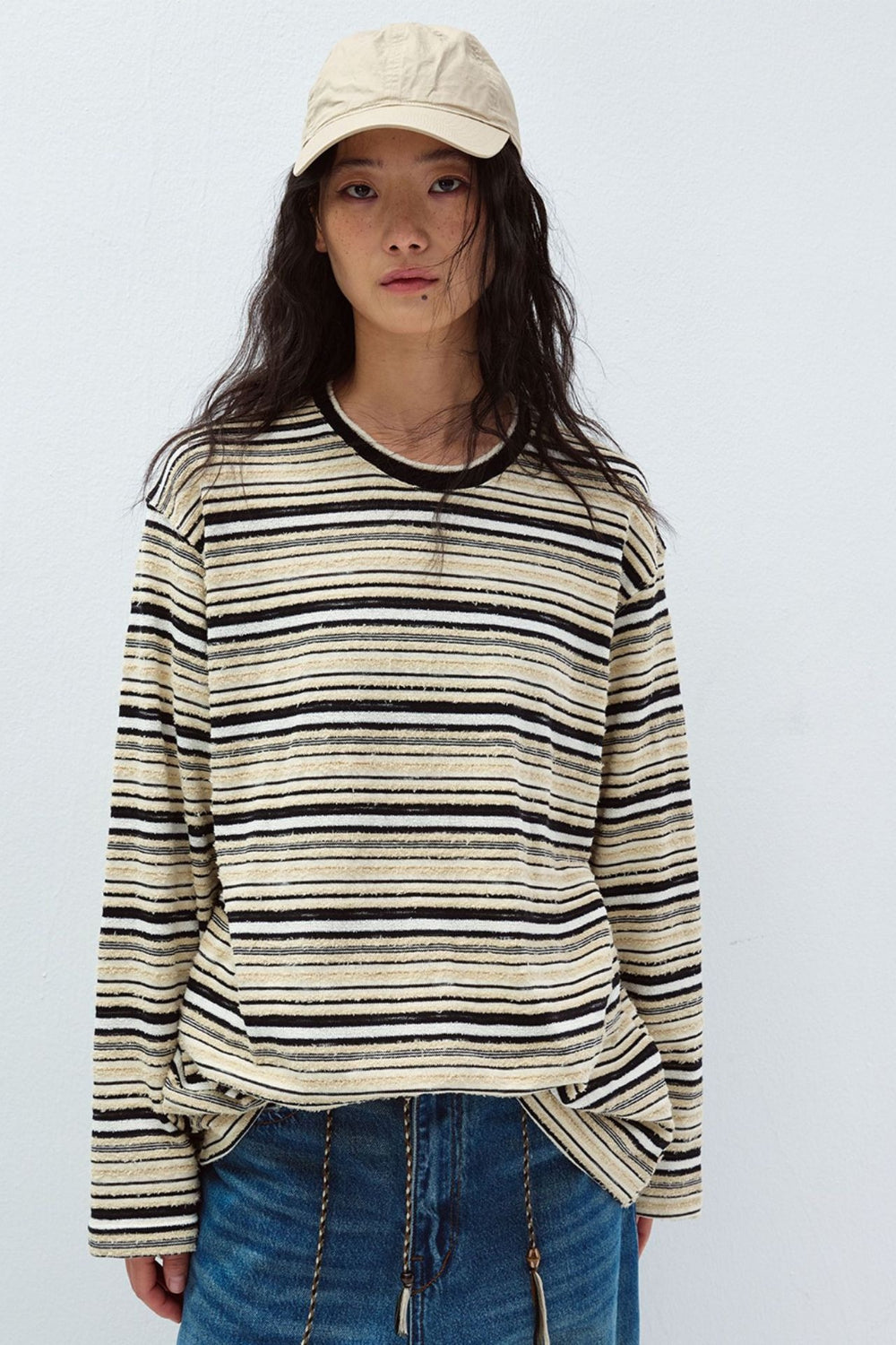 Cotton blend velvet-texture striped T-shirt | 5 color