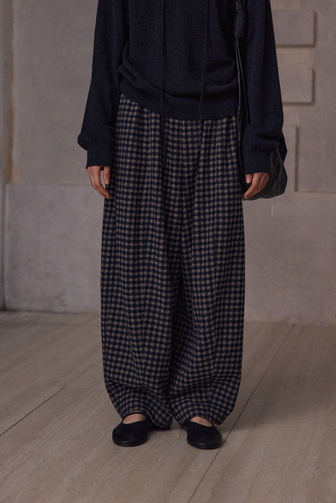 Wool blend check pattern loose structure pants | 2 color