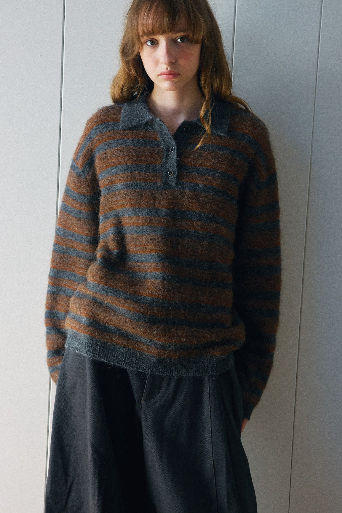 Alpaca blend striped long-hair polo sweater | 4 color