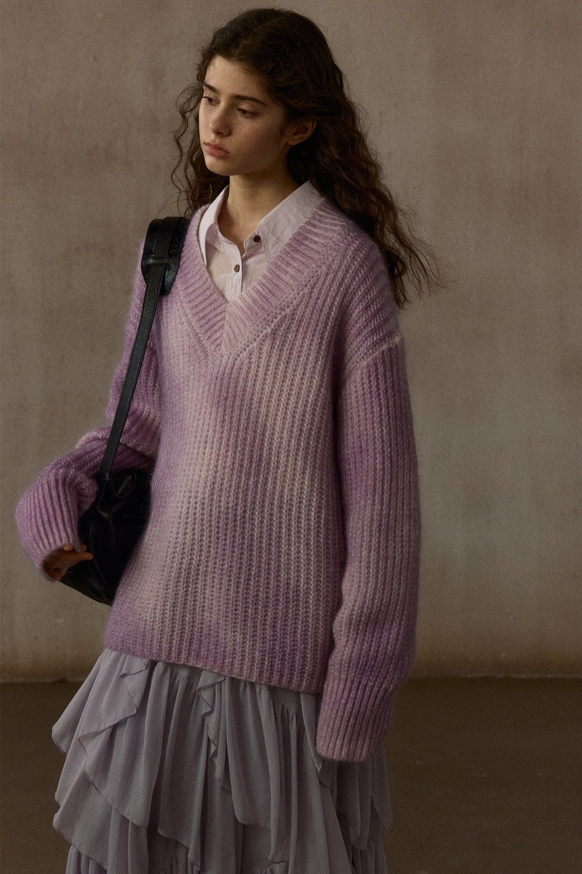 Chunky knit loose-fit V-neck drape sweater | 4 color