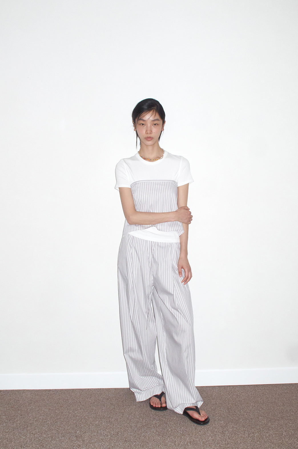 Cotton blend striped wide-leg pants with wraparound skirt