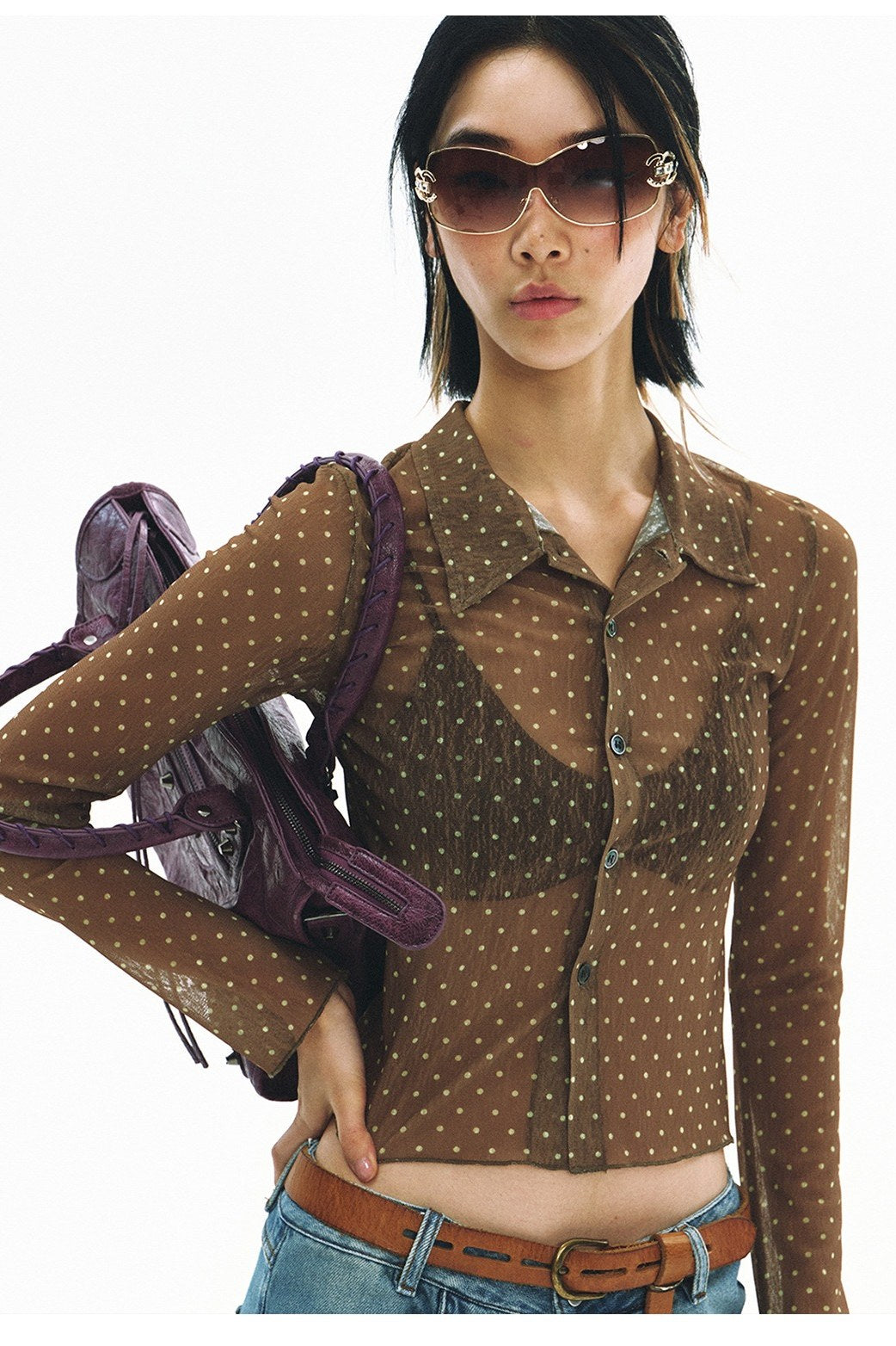 Stretch slim fit retro polka-dot sheer blouse | 3 color