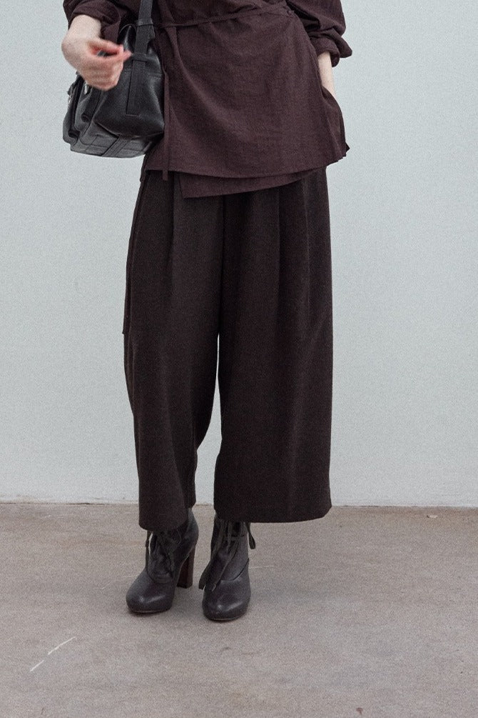 Wool blend wide-leg curved cropped pants | 3 color