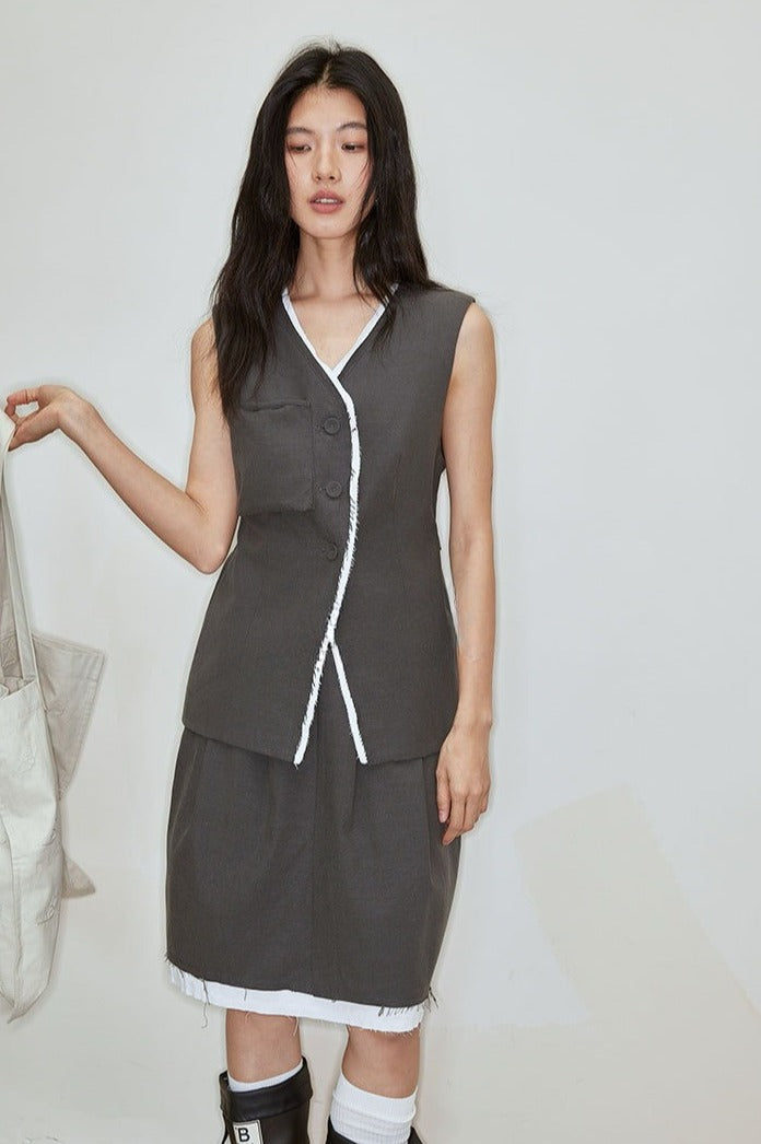 Lyocell-cotton raw-edge faux-layer vest | 2 color