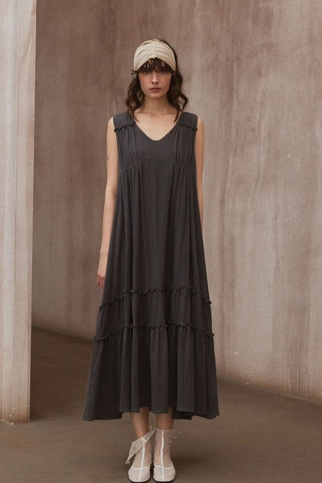 Vestido de algodón y lino con escote en V | Brisa | Bicolor