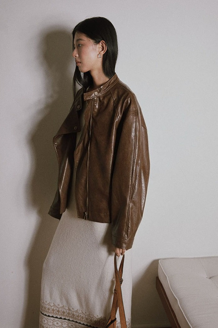 Pure minimalist asymmetric collar PU jacket | 2 color