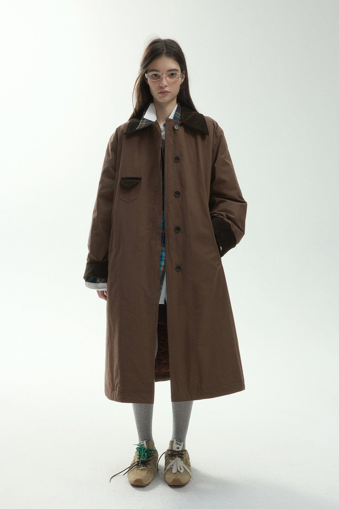 Cotton corduroy color-blocked long padded trench coat | 2 color