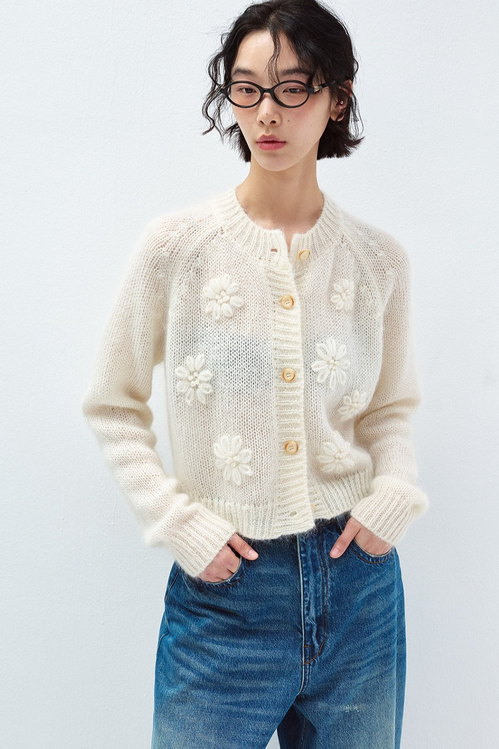 Wool blend hand-crocheted florals airy cardigan | 3 color