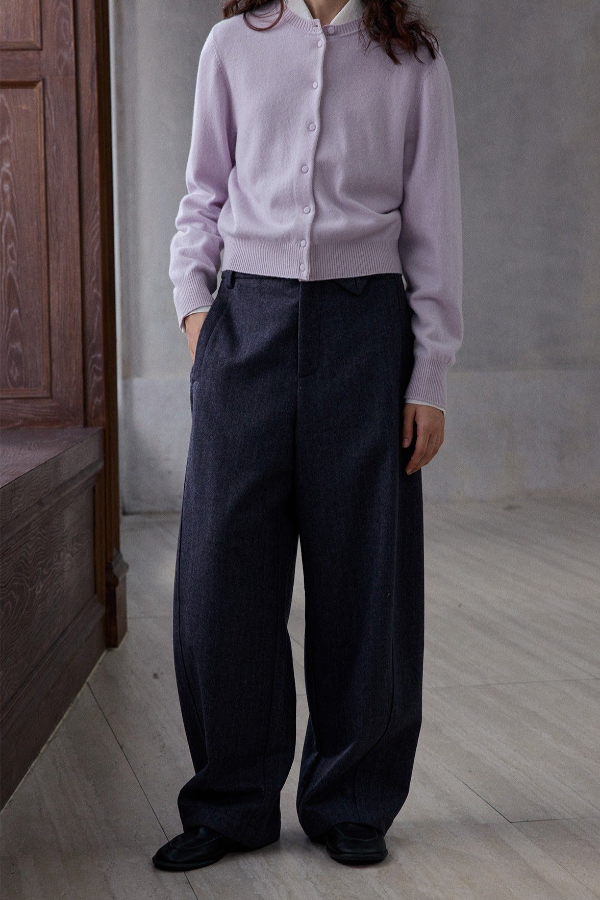 Wool blend herringbone texture loose fit casual pants | 2 color