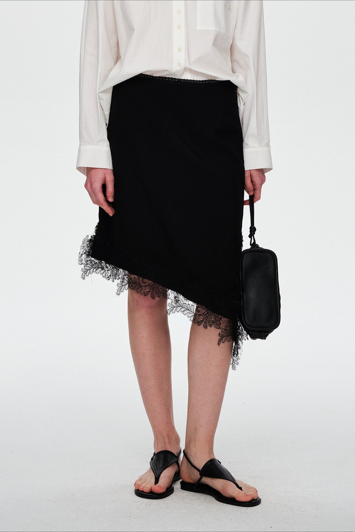 Falda midi asimétrica con ribete de encaje de tencel-rayón | 4 colores