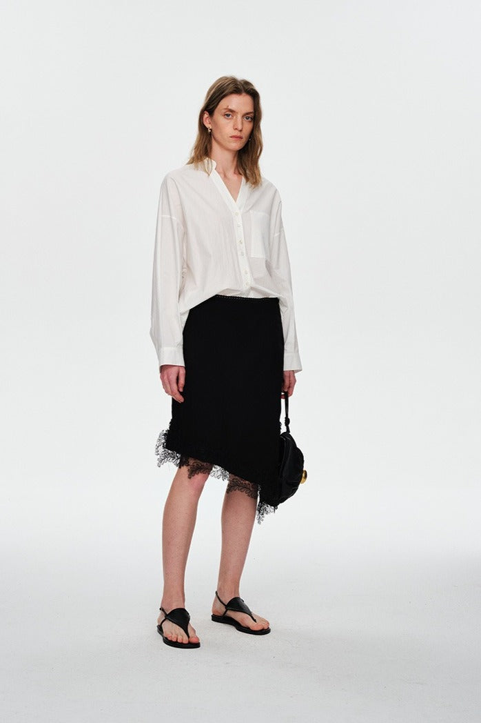 Falda midi asimétrica con ribete de encaje de tencel-rayón | 4 colores