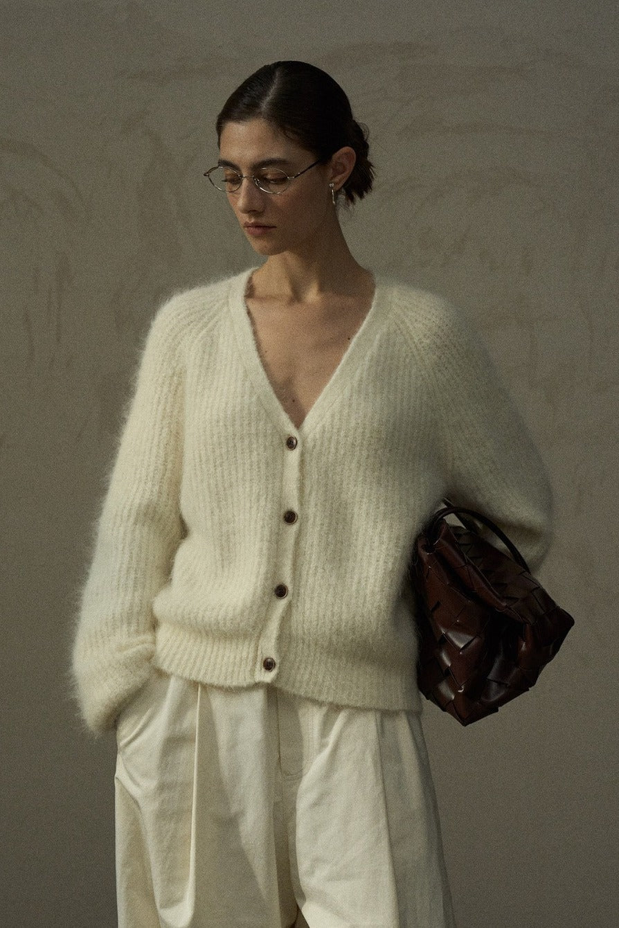 Alpaca blend fluffy texture V-neck cardigan