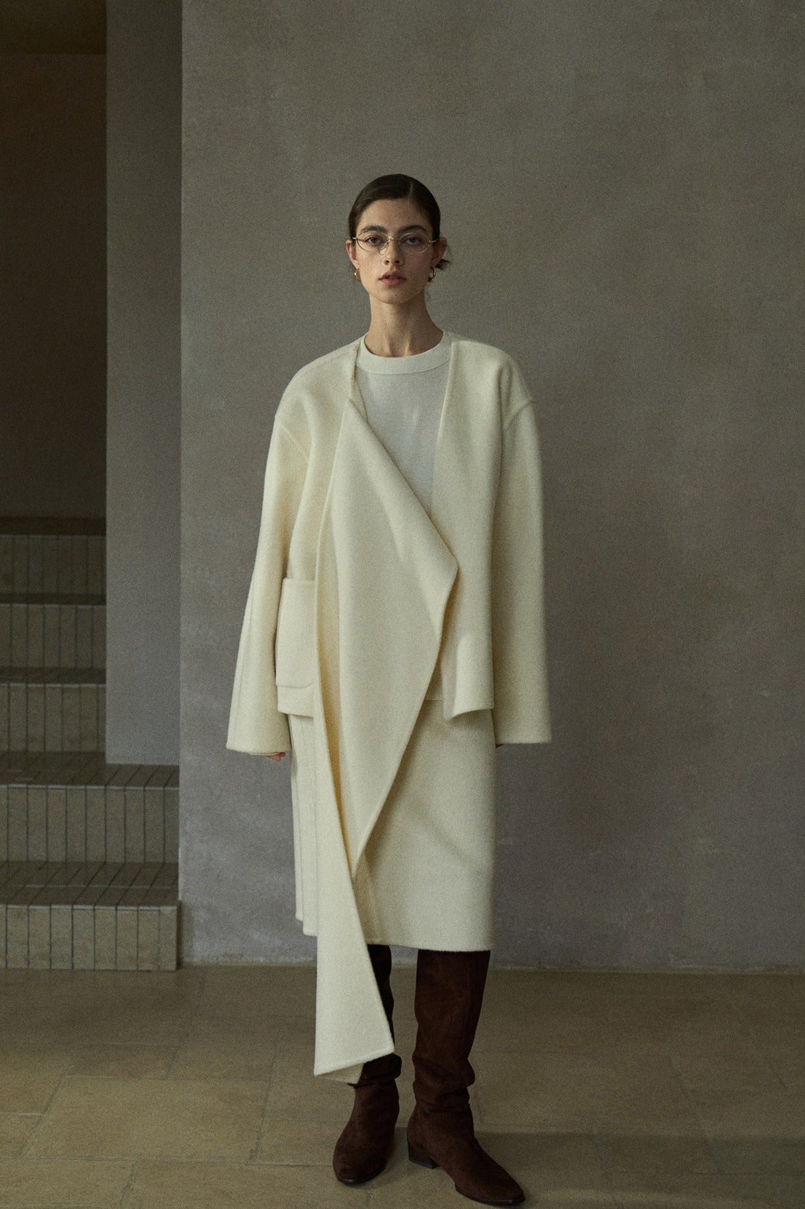Wool-alpaca scarf-collar elegant jacket | 3 color