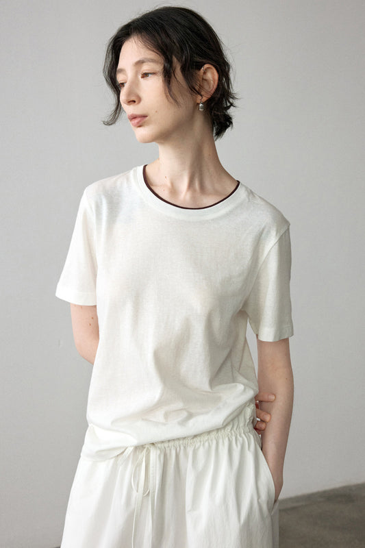Cotton blend color contrasting neckline T-shirt | 6 color