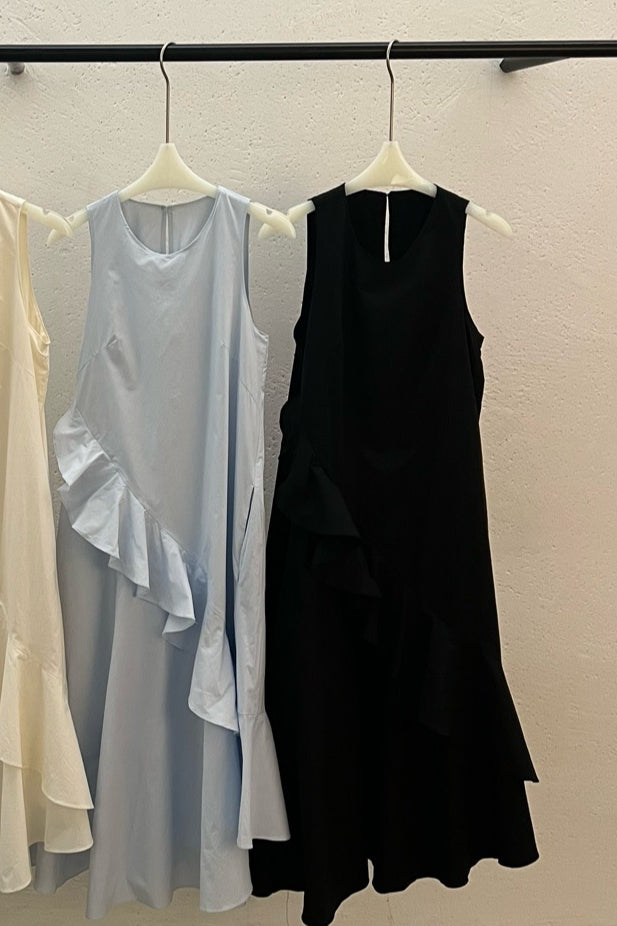 100% cotton ruffled design sleeveless dress | 4 color