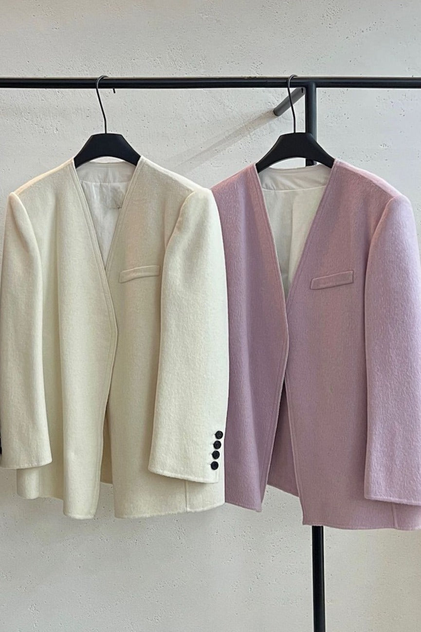 Wool & rabbit fur & silk V-neck collarless blazer | 3 color