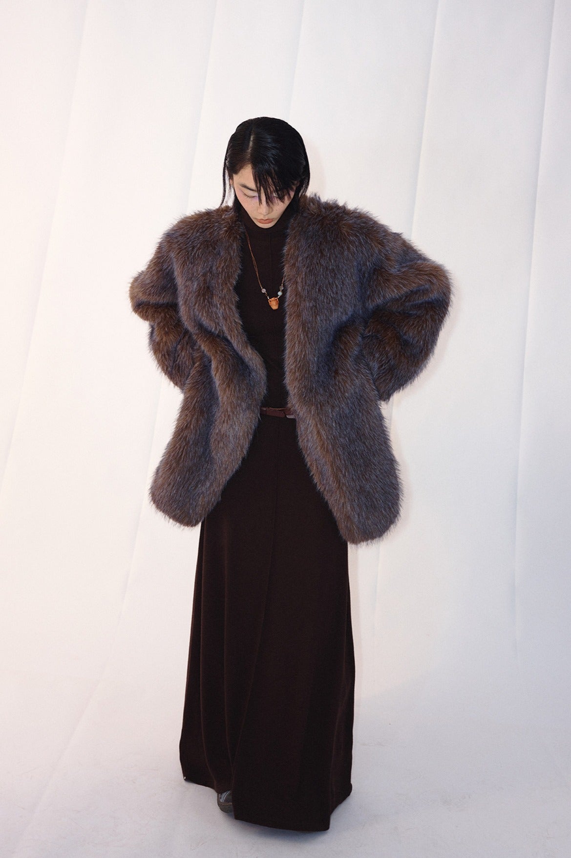 Faux fur mid-length soft drape coat | 2 color