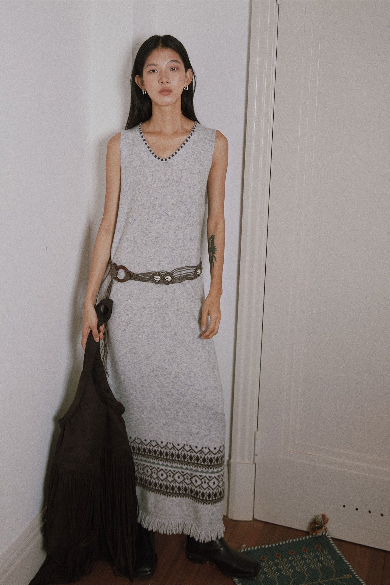 Fair-isle knit v-neck dress | 3 color