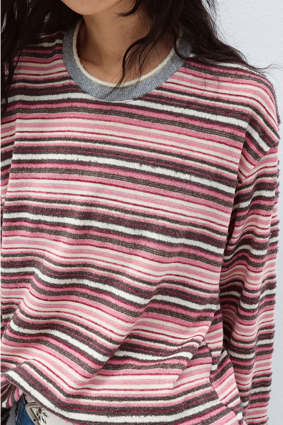 Cotton blend velvet-texture striped T-shirt | 5 color