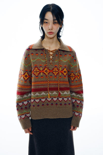 Wool retro style tie-neck collar sweater | 2 color