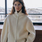 100% wool rib high collar dual-zipper cardigan