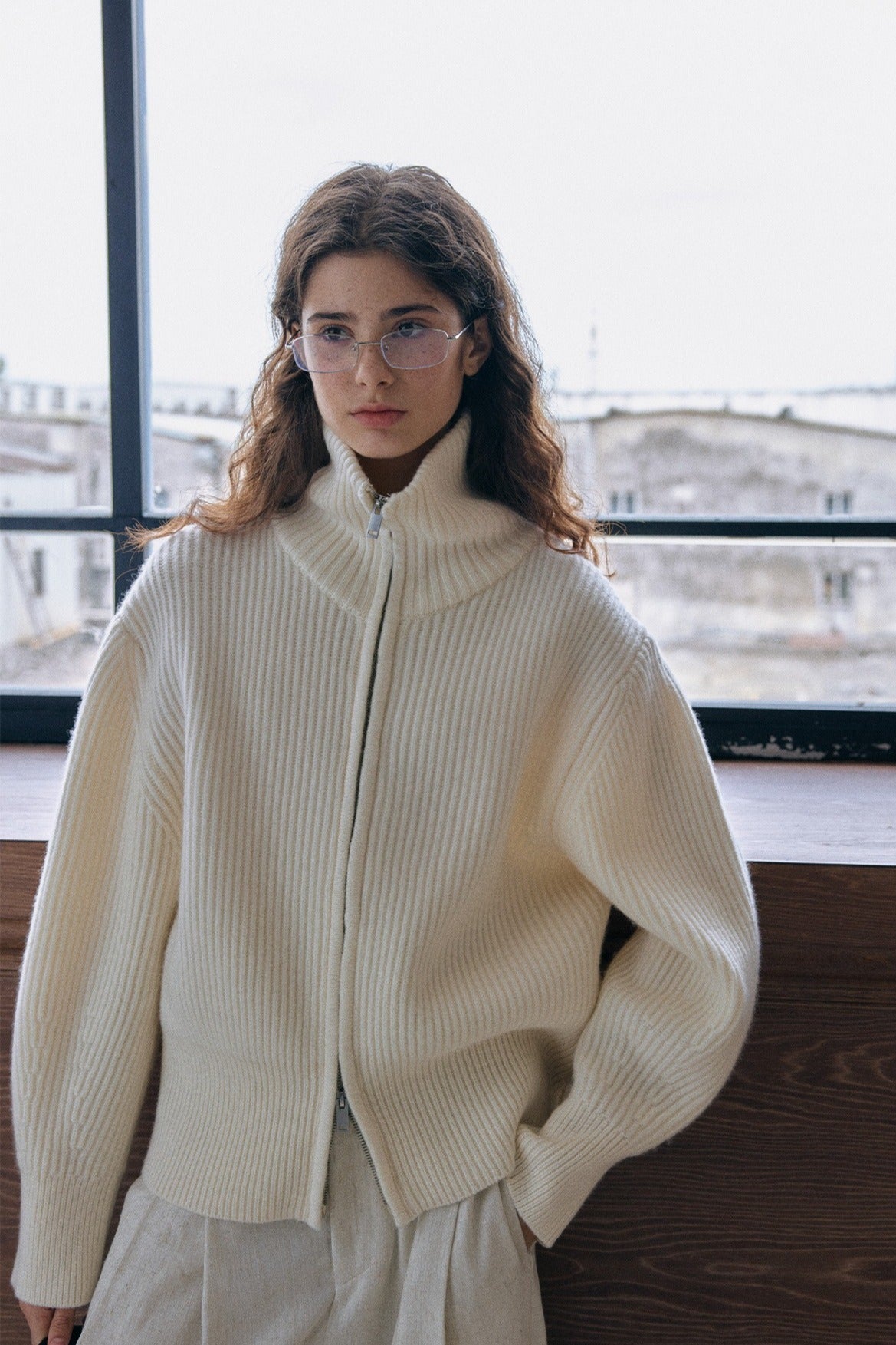 100% wool rib high collar dual-zipper cardigan