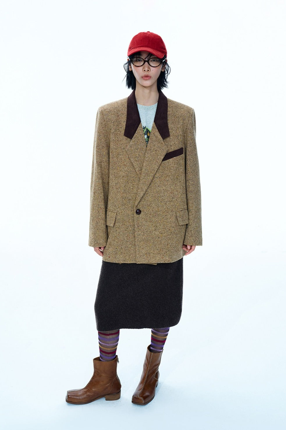 Wool blend loose-fit contrasting design jacket | 2 color