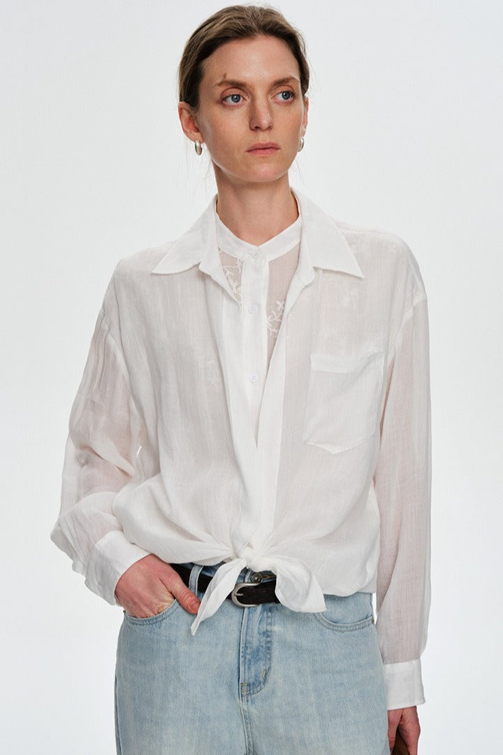 100% ramie lightweight faux-layer embroidery shirt | 3 color