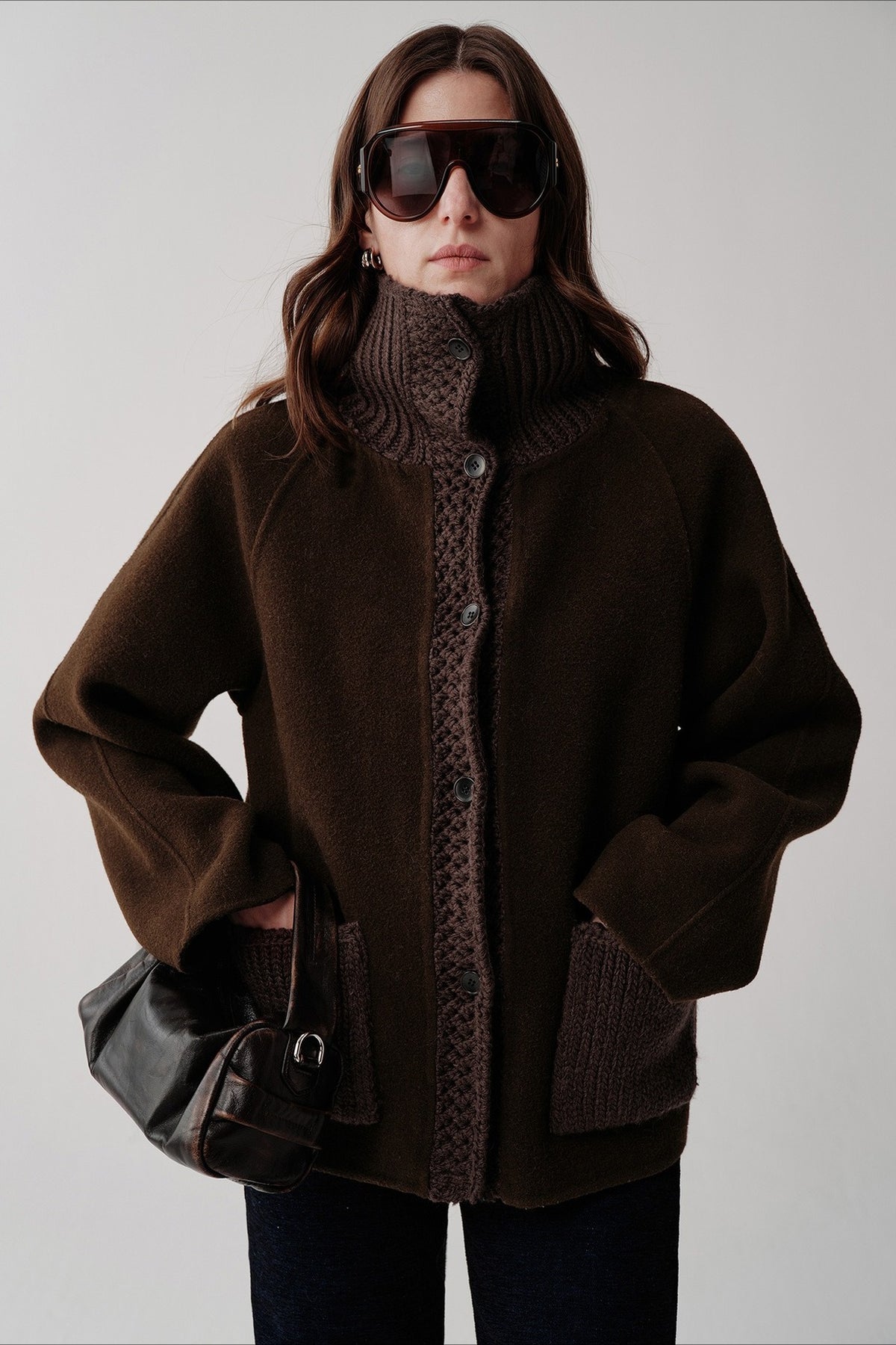 Sophisticated 100% wool knit patchwork coat | 2 color