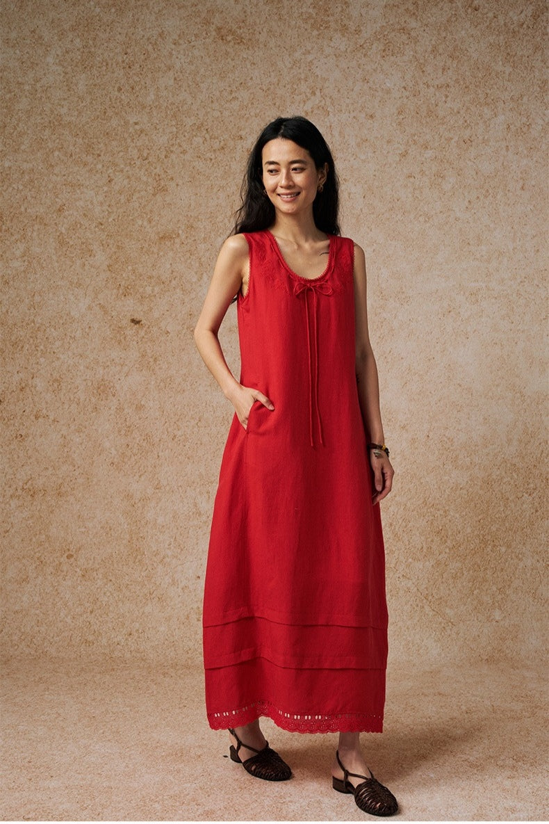 Robe sans manches en Tencel et lin avec ourlet en dentelle | 2 couleurs
