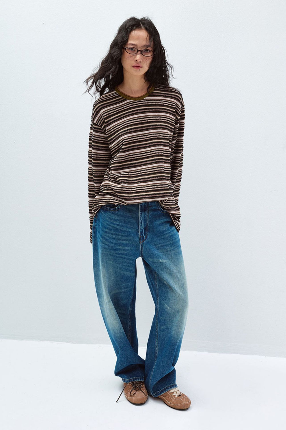 Cotton blend velvet-texture striped T-shirt | 5 color