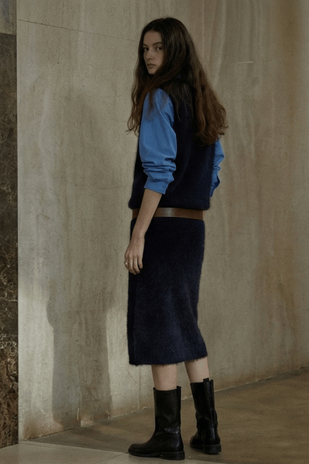 Alpaca wool blend V-neck plush vest dress | 3 color